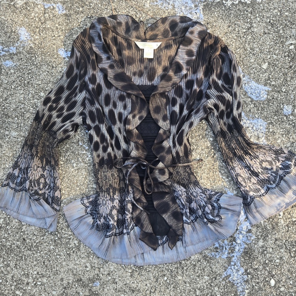 Leopard Print sheer crinkle pleated ruffle blouse y2k fairy grunge Gremlincore L